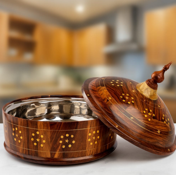 Sheesham Wood Hotpot with Brass Work & Steel Bowl (High Quality)