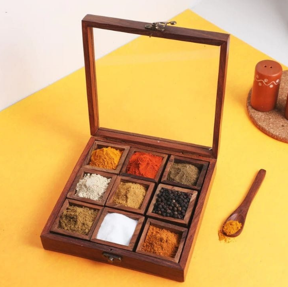 Wooden Spice Box with Transparent Glass Lid on Top Multipurpose Moveable Containers with Spoon