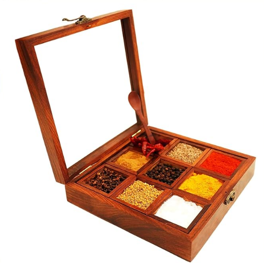 Wooden Spice Box with Transparent Glass Lid on Top Multipurpose Moveable Containers with Spoon