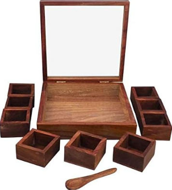 Wooden Spice Box with Transparent Glass Lid on Top Multipurpose Moveable Containers with Spoon
